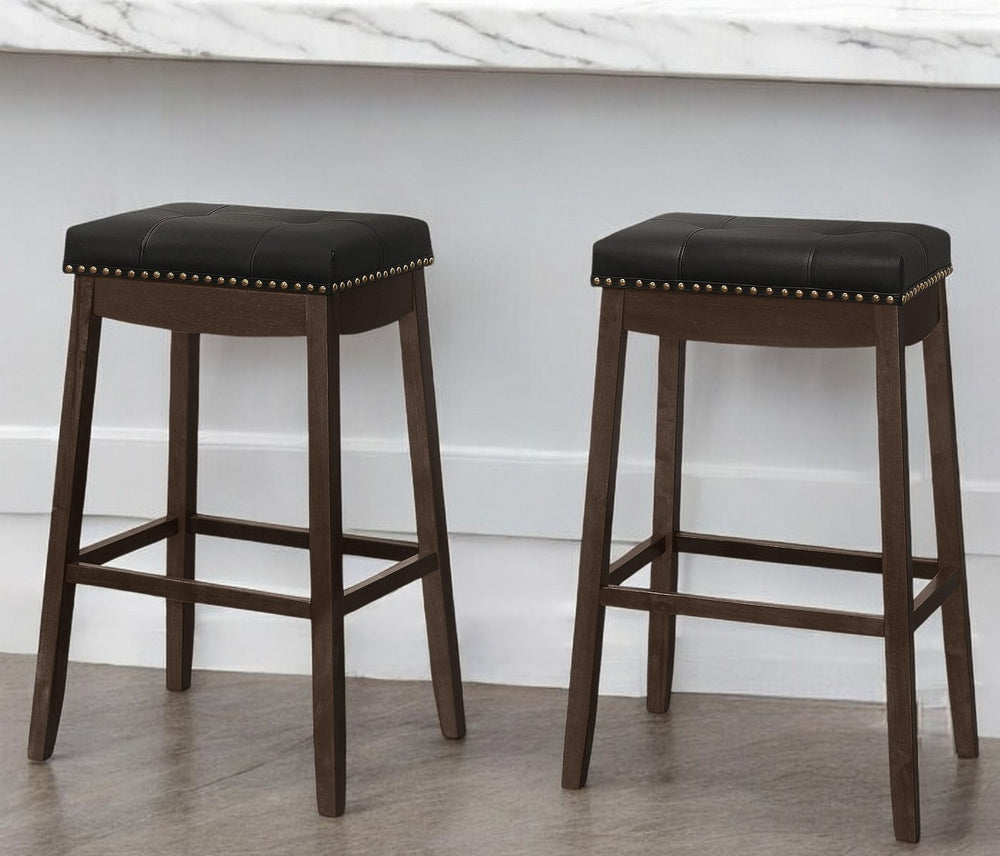Homeroots Set Of Two 30 " Black And Espresso Faux Leather And Solid Wood Backless Bar Height Bar Chairs   479169