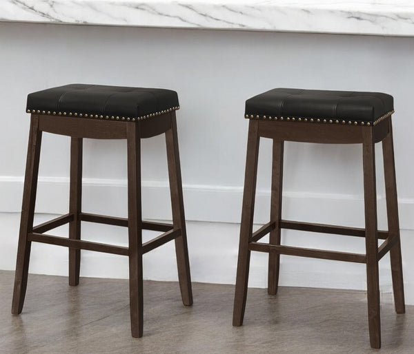 Homeroots Set Of Two 30 " Black And Espresso Faux Leather And Solid Wood Backless Bar Height Bar Chairs   479169