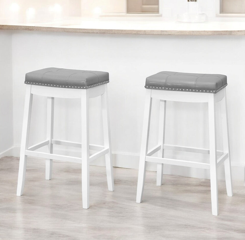 Homeroots Set Of Two 30 " Gray And White Faux Leather And Solid Wood Backless Bar Height Bar Chairs   479171