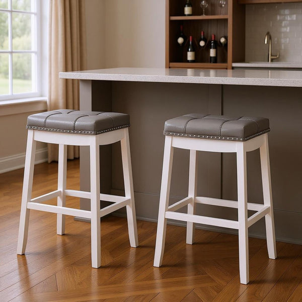 HomeRoots Set of Two Chic Gray Faux Leather Bar Stools with White Wood Base - Modern Farmhouse Style 479171