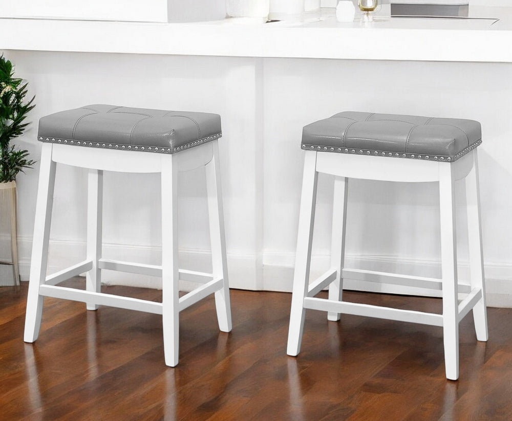 Homeroots Set Of Two 25 " Gray And White Faux Leather And Solid Wood Backless Counter Height Bar Chairs   479172