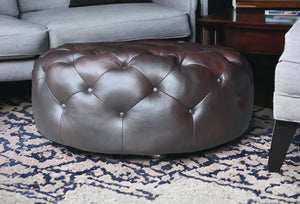 Homeroots 41" Brown Genuine Leather And Dark Brown Tufted Round Ottoman   479225