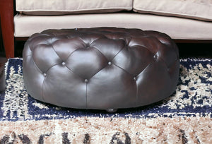 Homeroots 41" Brown Genuine Leather And Dark Brown Tufted Round Ottoman   479225