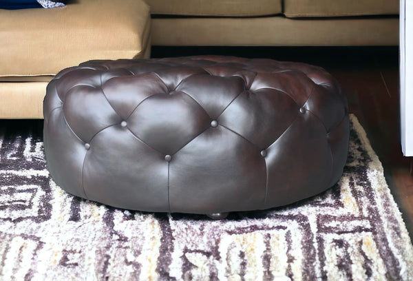 Homeroots 41" Brown Genuine Leather And Dark Brown Tufted Round Ottoman   479225