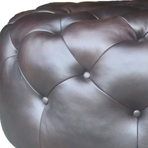 Homeroots 41" Brown Genuine Leather And Dark Brown Tufted Round Ottoman   479225