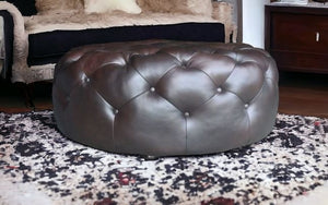 Homeroots 41" Brown Genuine Leather And Dark Brown Tufted Round Ottoman   479225
