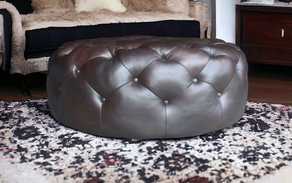 Homeroots 41" Brown Genuine Leather And Dark Brown Tufted Round Ottoman   479225