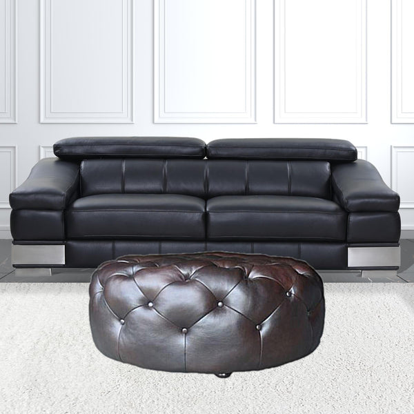 Homeroots 41" Brown Genuine Leather And Dark Brown Tufted Round Ottoman   479225