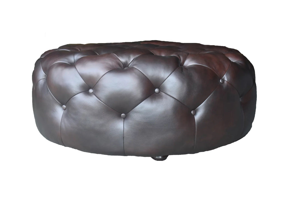 Homeroots 41" Brown Genuine Leather And Dark Brown Tufted Round Ottoman   479225