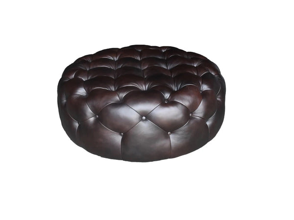 Homeroots 41" Brown Genuine Leather And Dark Brown Tufted Round Ottoman   479225