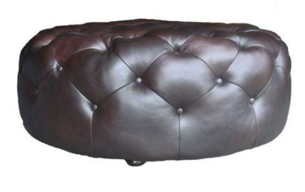 Homeroots 41" Brown Genuine Leather And Dark Brown Tufted Round Ottoman   479225