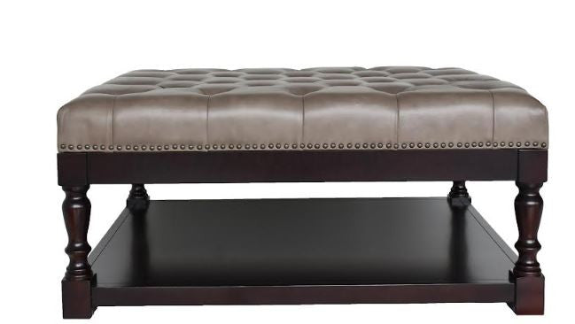 Homeroots 35" Gray And Dark Brown Leather And Solid Wood Coffee Table With Shelf   479236
