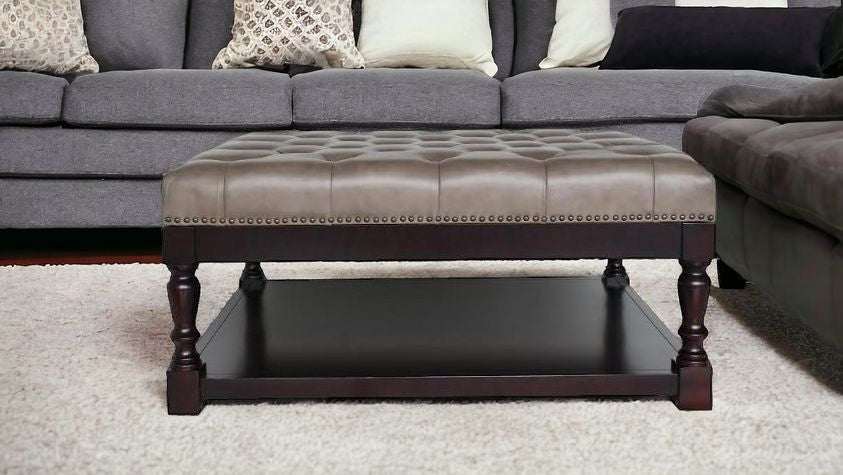 Homeroots 35" Gray And Dark Brown Leather And Solid Wood Coffee Table With Shelf   479236
