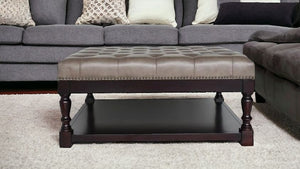 Homeroots 35" Gray And Dark Brown Leather And Solid Wood Coffee Table With Shelf   479236