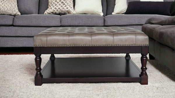 Homeroots 35" Gray And Dark Brown Leather And Solid Wood Coffee Table With Shelf   479236