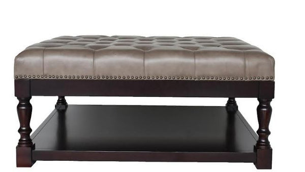 Homeroots 35" Gray And Dark Brown Leather And Solid Wood Coffee Table With Shelf   479236