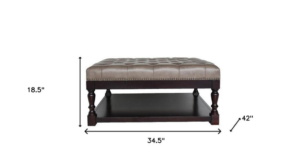 Homeroots 35" Gray And Dark Brown Leather And Solid Wood Coffee Table With Shelf   479236