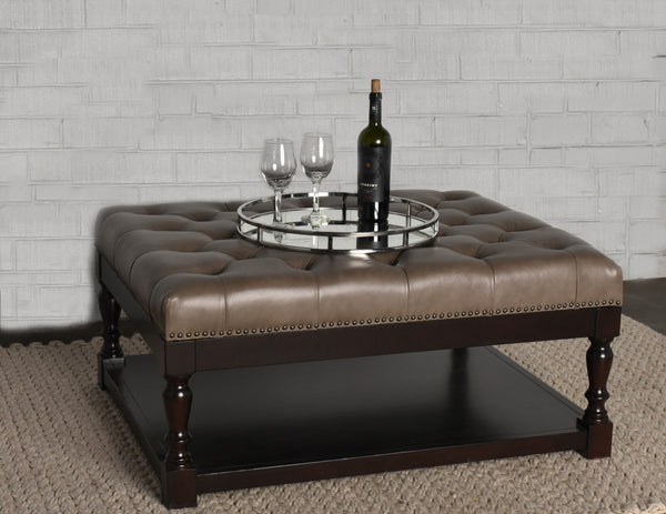 Homeroots 35" Gray And Dark Brown Leather And Solid Wood Coffee Table With Shelf   479236