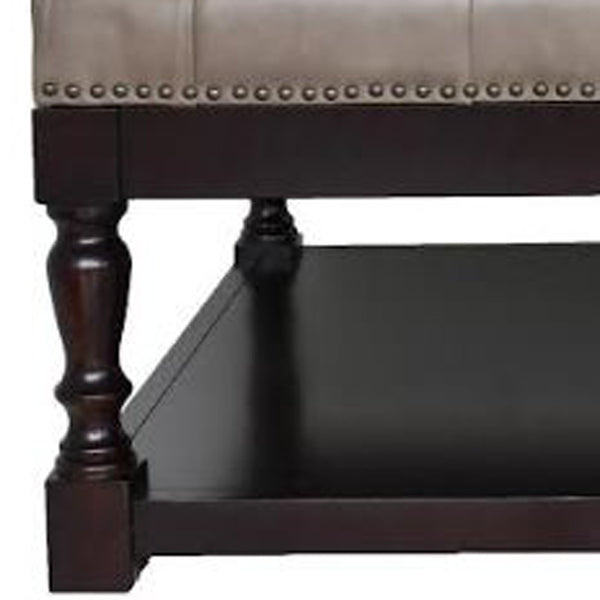 Homeroots 35" Gray And Dark Brown Leather And Solid Wood Coffee Table With Shelf   479236