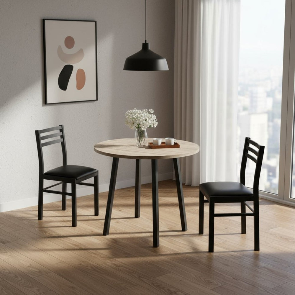 HomeRoots Three Piece Taupe and Black Round Dining Set: Space-Saving Table with Two Stylish Chairs 479237