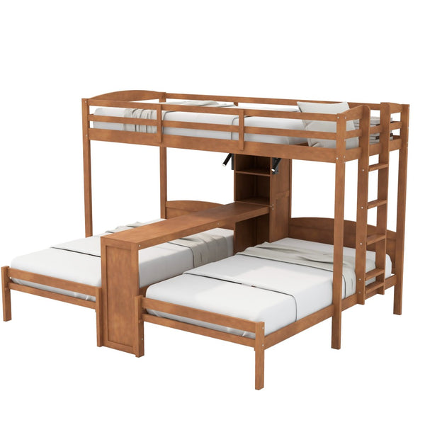 English Elm Twin Triple Bunk Bed with Built in Desk Open Shelving and Led Task Lighting Natural N7090002243N