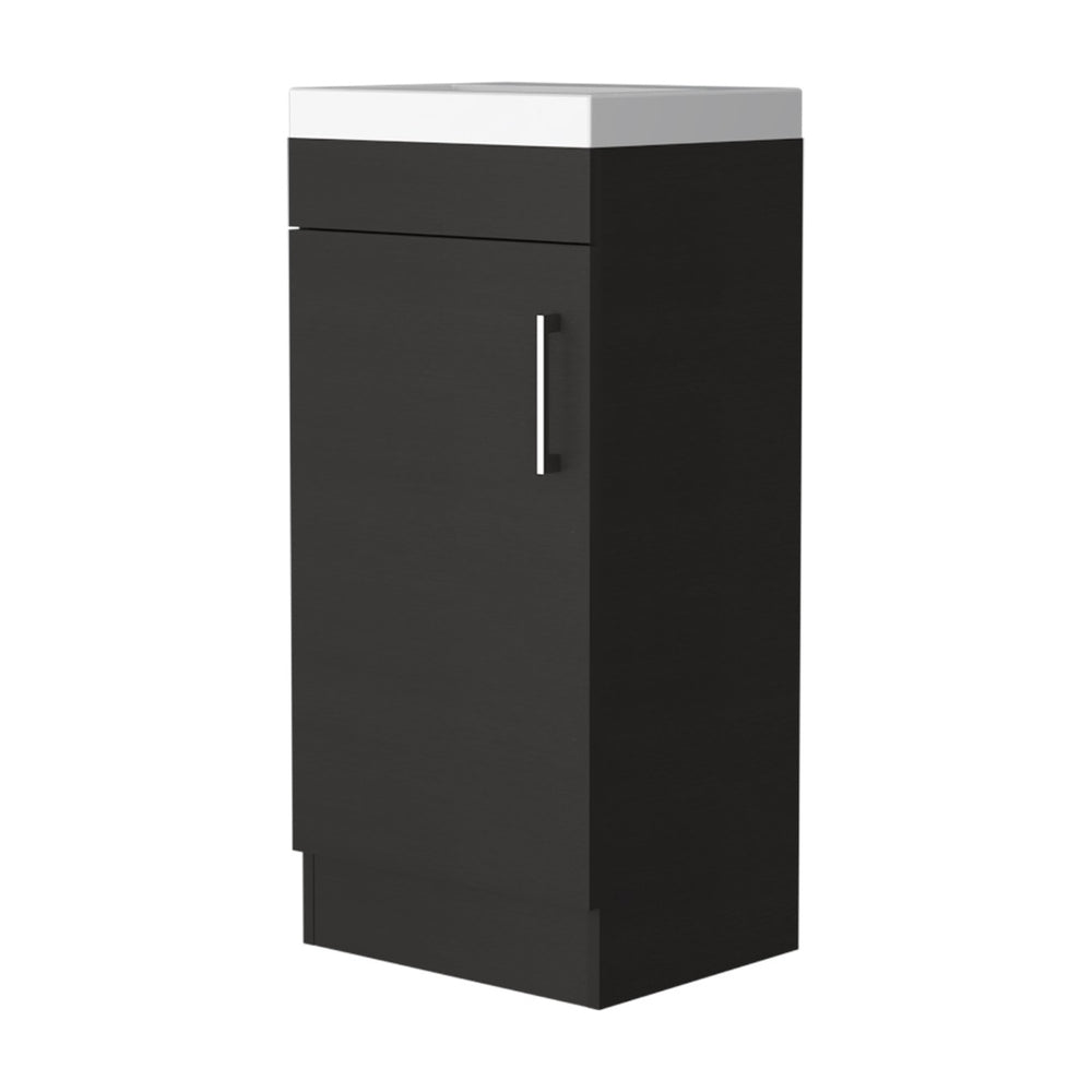 HomeRoots 16" Black Wood Freestanding Bathroom Vanity with Elegant White Sink and Hidden Storage Solutions 479254