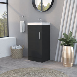 HomeRoots 16" Black Wood Freestanding Bathroom Vanity with Elegant White Sink and Hidden Storage Solutions 479254