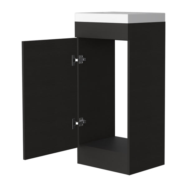 HomeRoots 16" Black Wood Freestanding Bathroom Vanity with Elegant White Sink and Hidden Storage Solutions 479254