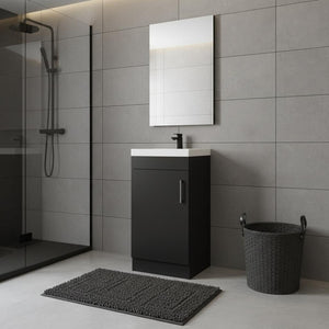 HomeRoots 16" Black Wood Freestanding Bathroom Vanity with Elegant White Sink and Hidden Storage Solutions 479254