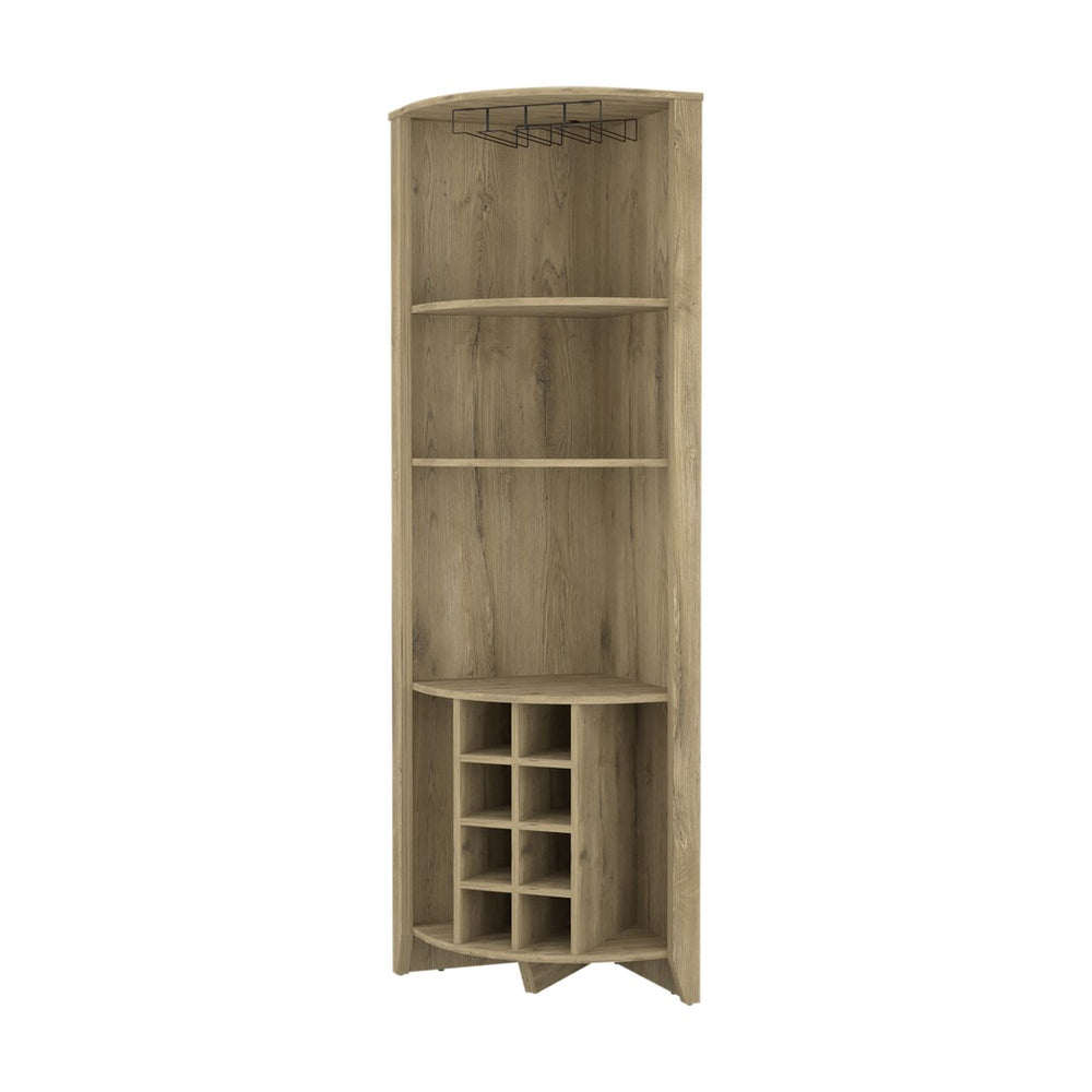 HomeRoots 71" Light Brown Wood Corner Bar Cabinet - Stylish Space-Saving Storage for Bottles & Glassware 479255
