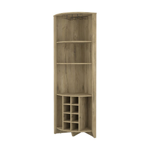 HomeRoots 71" Light Brown Wood Corner Bar Cabinet - Stylish Space-Saving Storage for Bottles & Glassware 479255