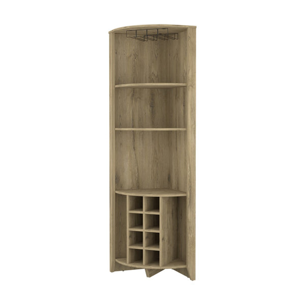 HomeRoots 71" Light Brown Wood Corner Bar Cabinet - Stylish Space-Saving Storage for Bottles & Glassware 479255
