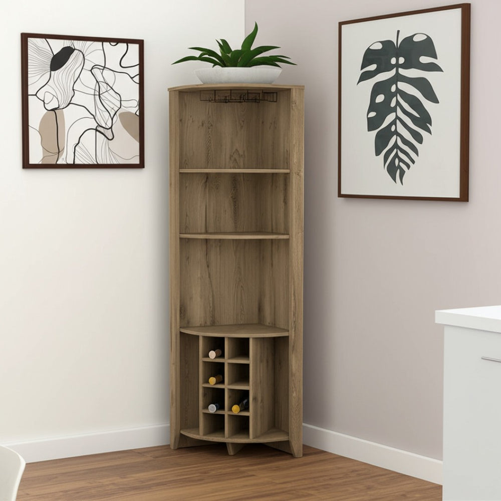 HomeRoots 71" Light Brown Wood Corner Bar Cabinet - Stylish Space-Saving Storage for Bottles & Glassware 479255