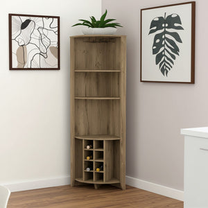 HomeRoots 71" Light Brown Wood Corner Bar Cabinet - Stylish Space-Saving Storage for Bottles & Glassware 479255