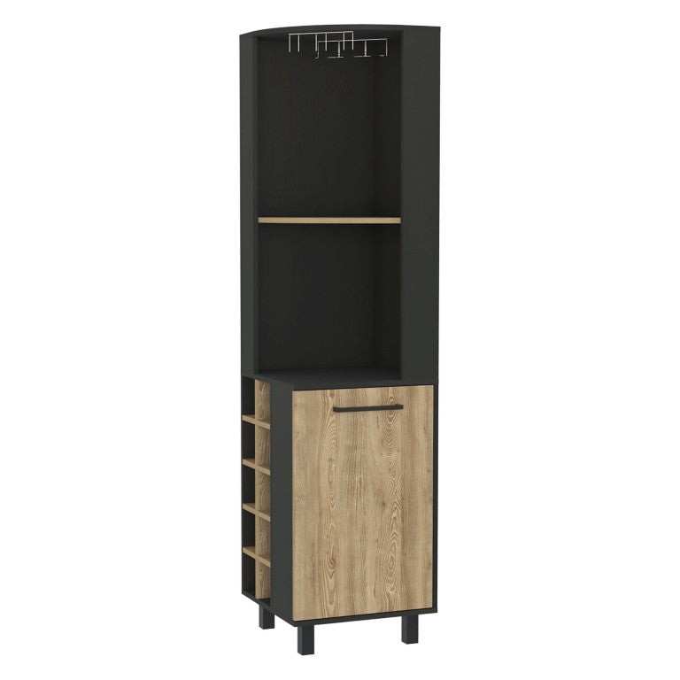 HomeRoots 18 Inch Corner Bar Cabinet in Black and Natural Wood Finish with Single Storage Door 479256
