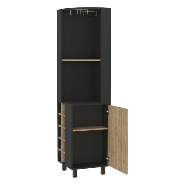 18 Inch Corner Bar Cabinet in Black and Natural Wood Finish with Single Storage Door