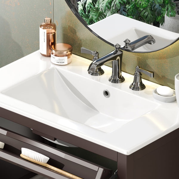 English Elm Christopher Knight Home® - 30" Bathroom Vanity with Ceramic Sink, Solid Wood Legs, Adjustable Shelf, Tip-Out Tray, Soft-Close Hinges, Silver Knobs, Moisture-Resistant Finish Dark Brown N817P286250D