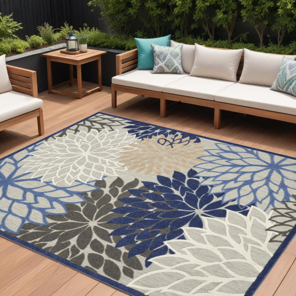 HomeRoots 9' X 12' Blue Indoor Outdoor Area Rug – Stylish, Durable Floral Design for High-Traffic Spaces! 479273