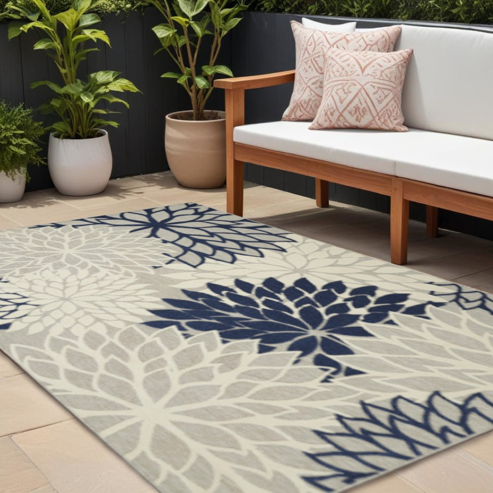 HomeRoots 10' X 13' Elegant Ivory and Blue Area Rug - Durable, Low-Maintenance Design for Indoor/Outdoor Spaces 479278