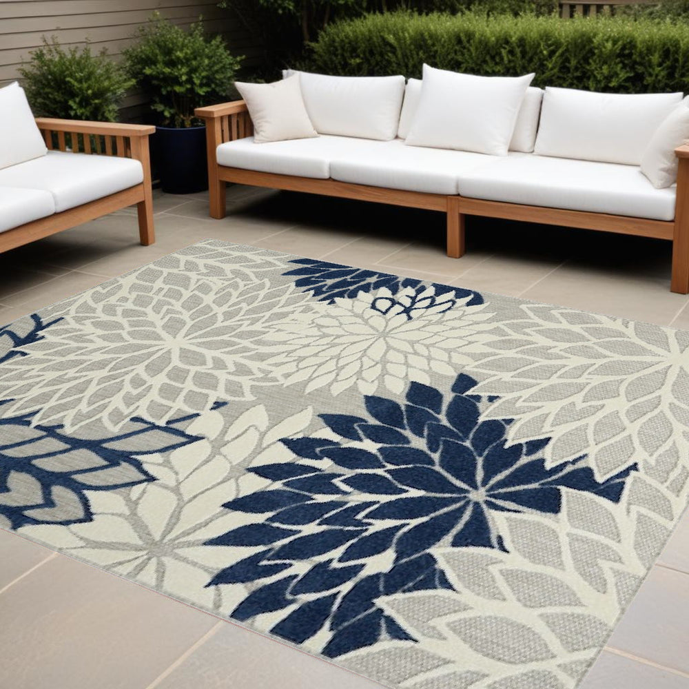 Homeroots 10' X 13' Ivory And Navy Floral Non Skid Indoor Outdoor Area Rug  Polypropylene 479278