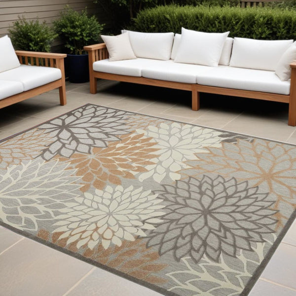 HomeRoots 9' Gray and Ivory Indoor Outdoor Area Rug - Durable Floral Design for High-Traffic Spaces & Easy Care 479282