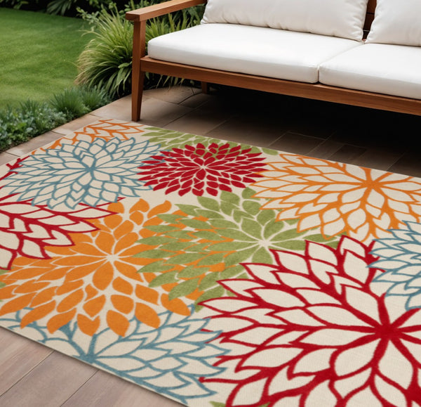 HomeRoots 12' Red and Ivory Floral Indoor Outdoor Area Rug - Durable, Stain-Resistant, Perfect for High-Traffic Spaces 479284