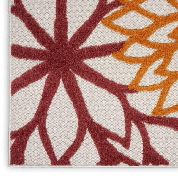 HomeRoots 12' Red and Ivory Floral Indoor Outdoor Area Rug - Durable, Stain-Resistant, Perfect for High-Traffic Spaces 479284
