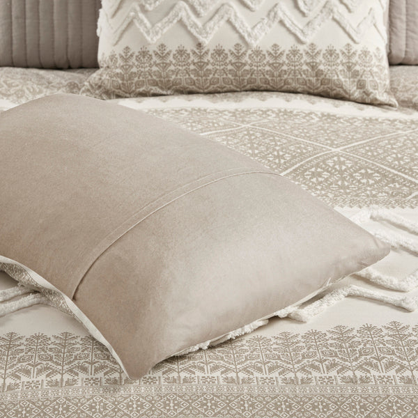 English Elm King/Cal King/Cal 3 Piece Mila Cotton Duvet Cover Set with Taupe Botanic Print, Chenille Chevron Tufting, OEKO-TEX Certified B035129139