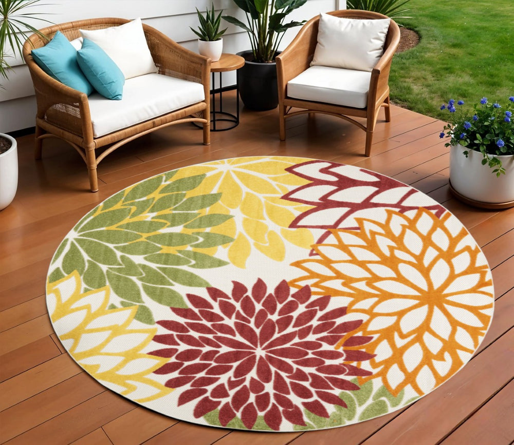 HomeRoots 8' X 8' Vibrant Red and Ivory Tropical Floral Area Rug for Indoor and Outdoor Stylish Spaces 479290