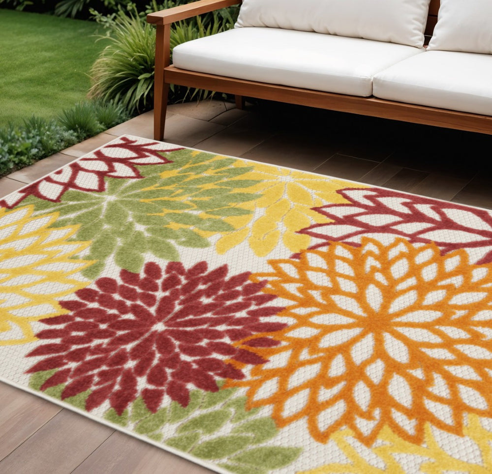 HomeRoots 9' X 12' Red and Ivory Floral Indoor/Outdoor Area Rug – Durable, Stylish, Easy-Care for Any Space 479291