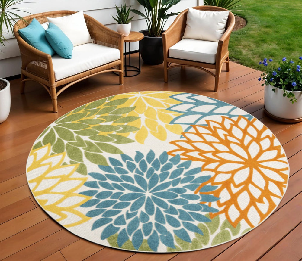 HomeRoots 8' Blue and Ivory Floral Indoor-Outdoor Area Rug - Durable, Stylish, Stain-Resistant, Easy Care! 479294