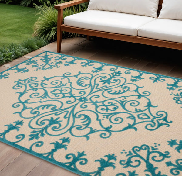 HomeRoots 10' Aqua Indoor Outdoor Area Rug - Durable, Stylish, Easy-Clean for Patios, Kitchens & Living Spaces 479297