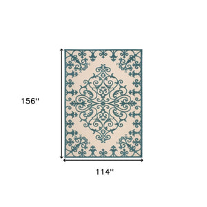 Homeroots 10' X 13' Aqua Damask Non Skid Indoor Outdoor Area Rug  Polypropylene 479297