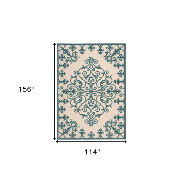 Homeroots 10' X 13' Aqua Damask Non Skid Indoor Outdoor Area Rug  Polypropylene 479297